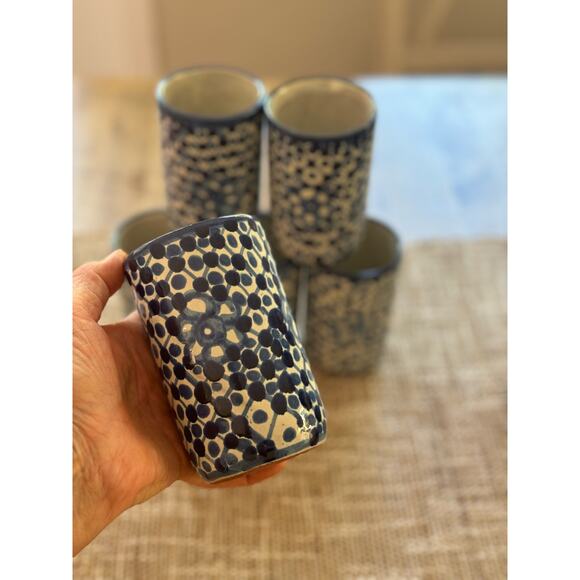Hand Painted Blue Stoneware Set of 6 Cups - Picture 3 of 10
